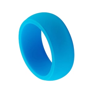 May include: A bright blue silicone ring. The ring is smooth and has a rounded edge.