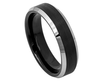 Black Ring Mens Wedding Band 6mm Engagement Band Black And Silver Ring Brushed Black Wedding Band Tungsten Carbide Silver And Black Ring