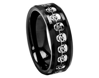 Black Ceramic Ring Mens Wedding Band 8mm Skull Ring Man Anniversary Ring Skull Pattern Ring Black Skull Band Mens Wedding Band Promise