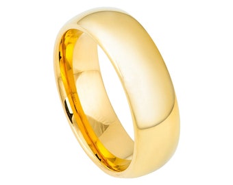 Tungsten Wedding Band 18k Yellow Gold Ring Mens Wedding Band 7mm Engagement Ring Polished 18k Yellow Gold Tungsten Band Classic Domed Ring