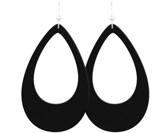 Black Leather Earrings, Leather Teardrop,  Genuine Leather, Leather Teardrop, Trendy Earrings, Lightweight Earrings- CLASSIC