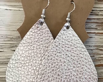 Silver Leather Earrings, Leather Teardrop,  Genuine Leather, Leather Teardrop, Trendy Earrings, Lightweight Earrings- CLASSIC