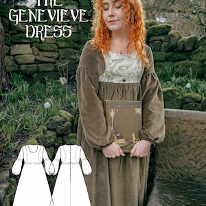 May include: A long-sleeved, olive green dress with a square neckline and a patterned bodice. The dress features the text "THE GENEVIEVE DRESS" in a decorative font. The image also includes a line drawing of the dress design.