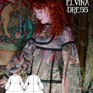 Könnte beinhalten: Ein langärmeliges Kleid mit detailliertem Druck, hohem Ausschnitt und schwarzem Besatz. Das Kleid hat eine fließende Silhouette und ist mit "The Elvina Dress" in einer dekorativen Schrift beschriftet. Das Bild enthält auch eine Skizze des Kleid-Designs.