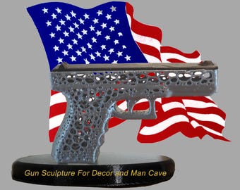 Modern Gun Sculpture For Collectors As Decorative Art - 3D Printed Non-Functional Handgun Art - American Made Pop Art Display.