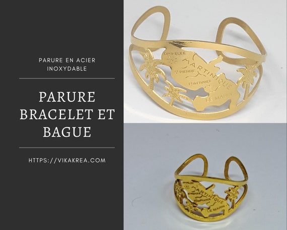 Ensemble bracelet jonc et bague doré en acier inoxydable, Guadeloupe, Martinique, Guyane, La Reunion...