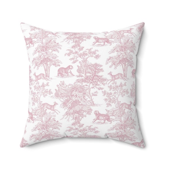 Chinoiserie Tiger Pillow Cover | Soft Faux Suede Fabric | Pretty Asian Pattern | Pink & White French Toile de Jouy | Decorative Cushion