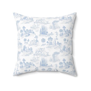 Housse de coussin toile de Jouy bleu bébé | Tissu imitation daim doux | Art français assez vintage | Toile de Jouy bleue et blanche | Coussin décoratif