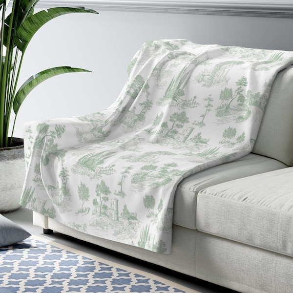 Toile de Jouy Fleece Lined Blanket | Sage Green Antique French Toile | Pretty Vintage Boudoir Throw | Bedspread Decorative Comforter