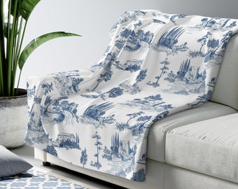 Toile de Jouy Fleece Lined Blanket | Navy Blue Antique French Toile | Pretty Vintage Boudoir Throw | Bedspread Decorative Comforter