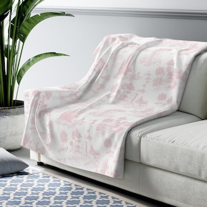 Toile de Jouy Fleece Lined Blanket | Light Pink Antique French Toile | Pretty Vintage Boudoir Throw | Bedspread Decorative Comforter