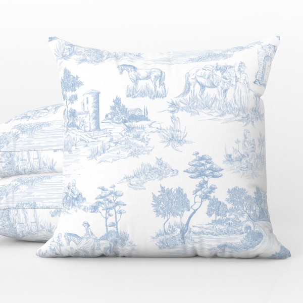 Outdoor Pillows | Weatherproof Garden Cushions | Vintage French Toile De Jouy Light Blue & White | Decorative Waterproof Home Garden Decor