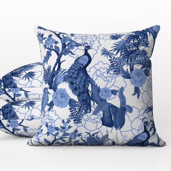 Outdoor Pillows | Weatherproof Garden Cushions | Peacock Peony Chinoiserie Blue & White | Decorative Waterproof Home Garden Pillows