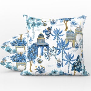 Le Jardin Outdoor Pillows Chinoiserie Temple Palm Blue