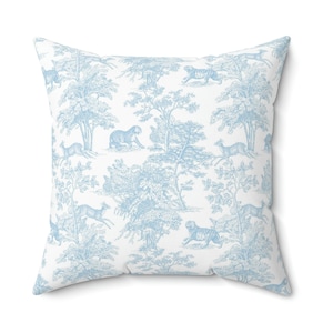 Chinoiserie Tiger Pillow Cover | Soft Faux Suede Fabric | Pretty Asian Pattern | Baby Blue & White French Toile de Jouy | Decorative Cushion