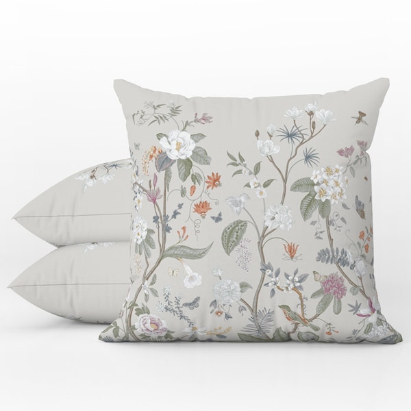 Outdoor Pillows | Weatherproof Garden Cushions | Chinoiserie Floral Birds Oriental Dove Grey | Decorative Waterproof Home Garden Pillows