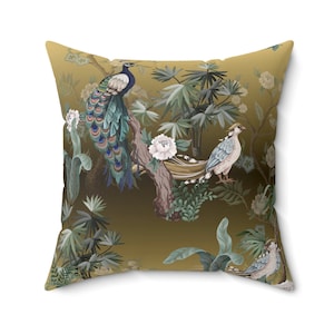 Chinoiserie Floral Pillow Cover | Soft Faux Suede Fabric | Pretty Asian Style | Oriental Golden Peacock Art | Decorative Cushion