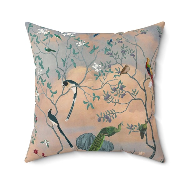 Chinoiserie Floral Pillow Cover | Soft Faux Suede Fabric | Blue Clouds Asian Bird Garden | Oriental Flowers Birds | Decorative Cushion