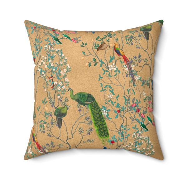Chinoiserie Floral Pillow Cover | Soft Faux Suede Fabric | Pretty Asian Pattern | Oriental Light Golden Flower Art | Decorative Cushion