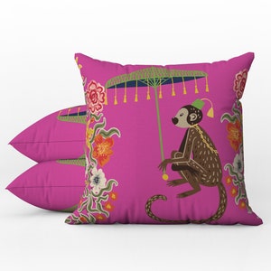 Outdoor Pillows | Weatherproof Garden Cushions | Chinoiserie | Boho Fuschia Pink Monkey Umbrella | Decorative Waterproof Home Garden Pillows