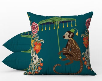 Outdoor Pillows | Weatherproof Garden Cushions | Chinoiserie | Boho Teal Green Monkey Umbrella | Decorative Waterproof Home Garden Pillows