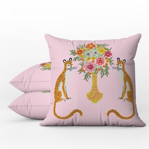 Outdoor Pillows | Weatherproof Garden Cushions | Chinoiserie Baby Pink Chinese Cheetah Flower | Decorative Waterproof Home Garden Pillows