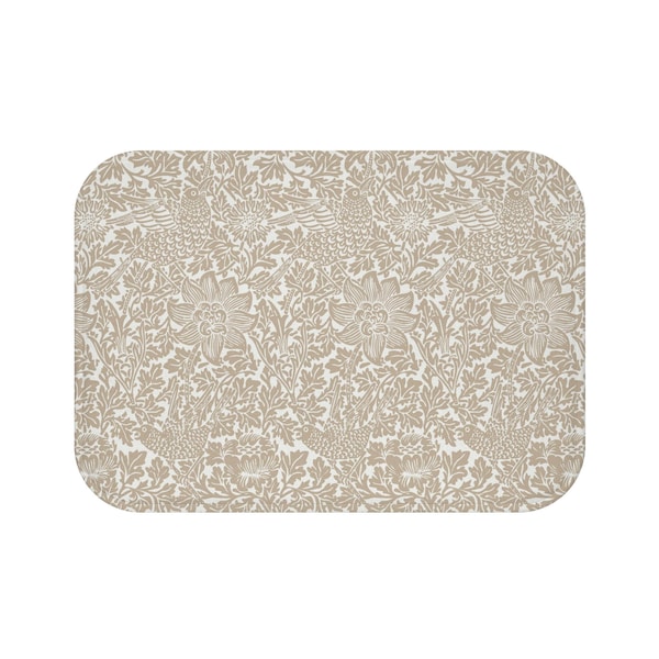 Tapis de bain William Morris | Support antidérapant | Motif floral beige café au lait d'oiseaux et d'anémones | Accessoire de salle de bain floral anglais vintage