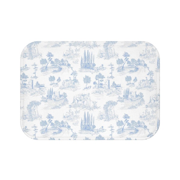 Tapis de bain en toile de Jouy | Support antidérapant | motif vintage toile française | Art pastoral bleu bébé | Déco ancienne de salle de bain de jardin de cottage