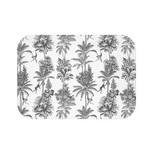 May include: Black and white illustration of a tropical jungle scene with palm trees and monkeys. The pattern is repeated throughout the image.