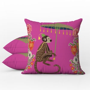 Outdoor Pillows | Weatherproof Garden Cushions | Chinoiserie | Boho Fuschia Pink Monkey Umbrella | Decorative Waterproof Home Garden Pillows