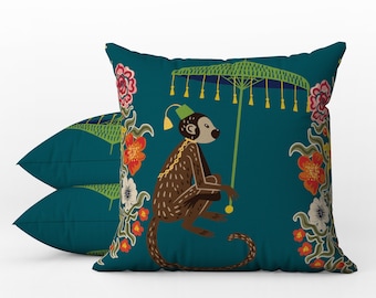 Outdoor Pillows | Weatherproof Garden Cushions | Chinoiserie | Boho Teal Green Monkey Umbrella | Decorative Waterproof Home Garden Pillows