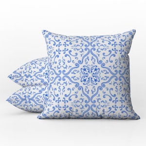 Outdoor Pillows | Weatherproof Garden Cushions | Mediterranean Damask Pattern | Blue & White Tile Print | Elegant European Beach House Style