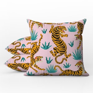 Jungle Tiger Outdoor Pillows | Weatherproof Garden Cushions | Tropical Pattern | Exotic Boho Pink | Decorative Waterproof Garden Pillows