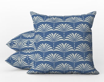 Outdoor Pillows | Weatherproof Garden Cushions | Art Deco Fan Print | Fresh Blue & White Pattern | Decorative Waterproof Home Garden Pillows