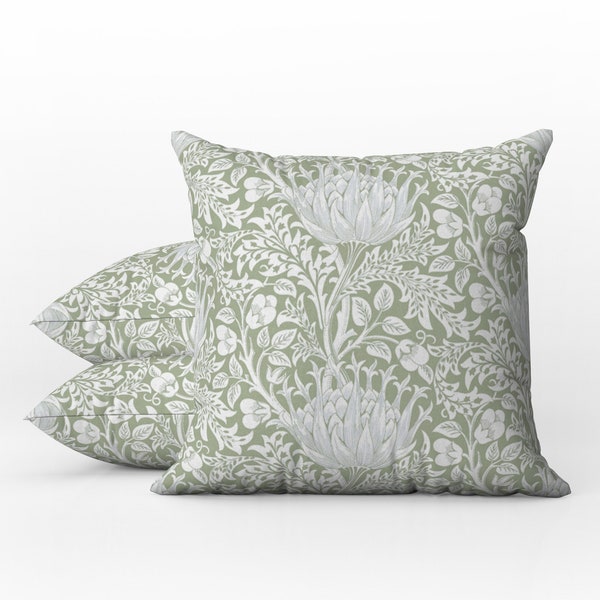 Outdoor Pillows | Weatherproof Garden Cushions | William Morris Vintage Floral | Artichoke Sage Green White Pattern | Beach House Style