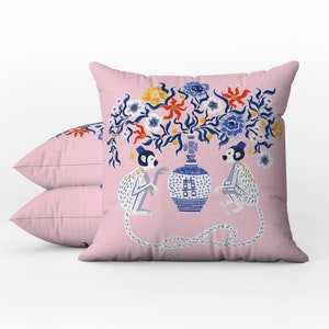 Outdoor Pillows | Weatherproof Garden Cushions | Chinoiserie Pink Chinese Monkey Hat Flower Vase | Decorative Waterproof Home Garden Pillows