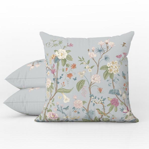 Outdoor Pillows | Weatherproof Garden Cushions | Chinoiserie Floral Birds Oriental Light Blue | Decorative Waterproof Home Garden Pillows