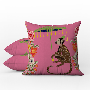 Outdoor Pillows | Weatherproof Garden Cushions | Chinoiserie | Pacific Pink Boho Monkey Umbrella | Decorative Waterproof Home Garden Pillows