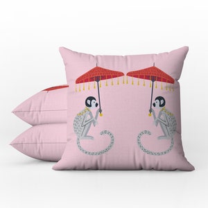Outdoor Pillows | Weatherproof Garden Cushions | Chinoiserie | Boho Baby Pink Monkey Umbrella | Decorative Waterproof Home Garden Pillows
