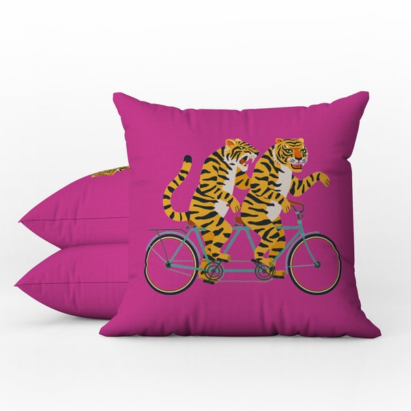 Outdoor Pillows | Weatherproof Garden Cushions | Boho Bike Animals | Hot Fuschia Pink Tigers | Decorative Waterproof Home Garden Pillows