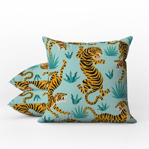 Jungle Tiger Outdoor Pillows | Weatherproof Garden Cushions | Tropical Pattern | Exotic Boho Mint | Decorative Waterproof Garden Pillows