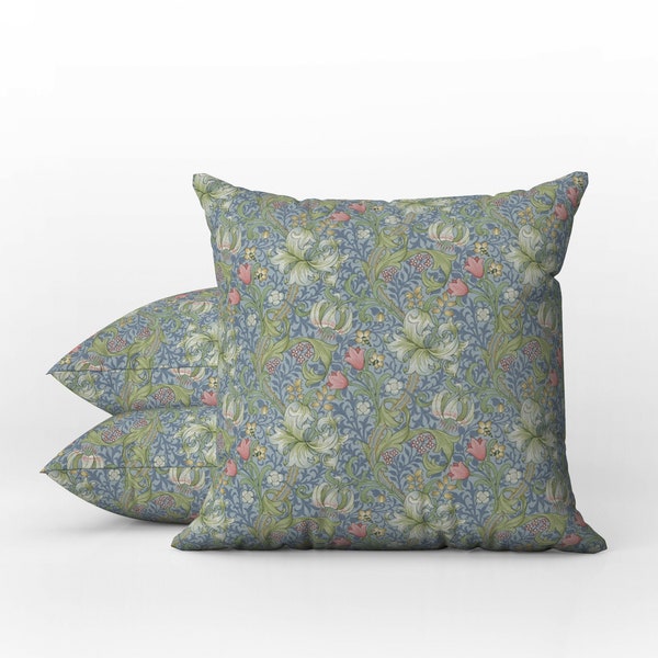 Outdoor Pillows | Weatherproof Garden Cushions | William Morris Vintage Floral | Golden Lily Mineral Blue | English Countryside Style