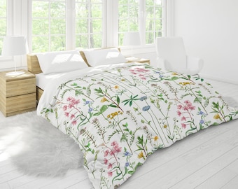 Wildflower Meadow Duvet Cover | King, Queen, Double, Twin | Floral Bedding, Cotton Sateen White | Green, Pink, Yellow, Lilac Blue Watercolor