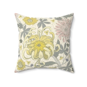 William Morris Pillow Cover | Soft Faux Suede Fabric | Enchanted Chrysanthemum Design Pattern | Sunshine Yellow & Pink Floral Cushion