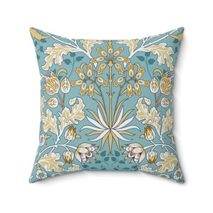 William Morris Pillow Cover | Soft Faux Suede Fabric | Golden Blue Flower Design Pattern | Pretty Pastel Floral Cushion Decor