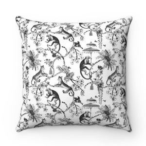 Chinoiserie Monkey Pillow Cover | Soft Faux Suede Fabric | Tropical Exotic Design Pattern | Blue Mint Botanical | Decorative Cushion