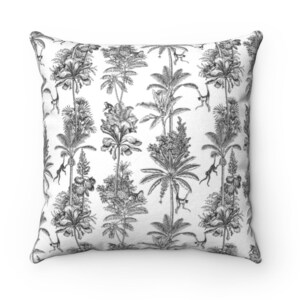 May include: Black and white throw pillow featuring a repeating pattern of palm trees and monkeys. The pillow has a white background and the pattern is in black.