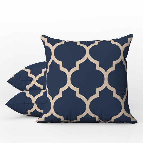 Outdoor Pillows Weatherproof Garden Cushions Abstract Quatrefoil Pattern Navy Blue Ecru Print Hamptons Beach House Style Etsy UK