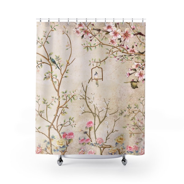 Chinoiserie Shower Curtain | Romantic Cherry Blossom Landscape | Vintage Chinese Art Bathroom Accessory | Antique Pattern Print Bath Decor