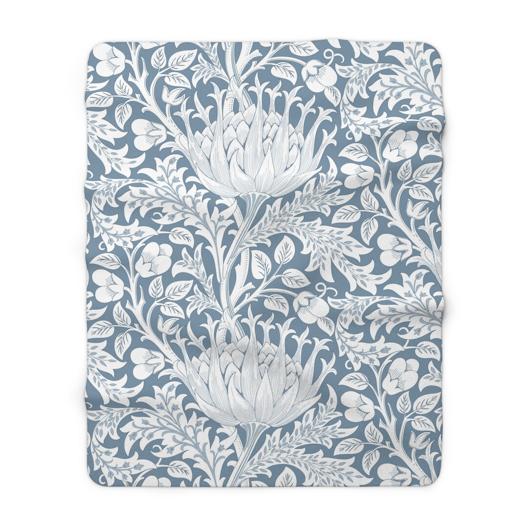 William morris fleece lined blanket artichoke blue white flower
